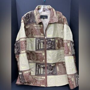 STACY ADAMS Vintage Rare Original 90s Leather WORLD CURRENCY $ Leather Jacket